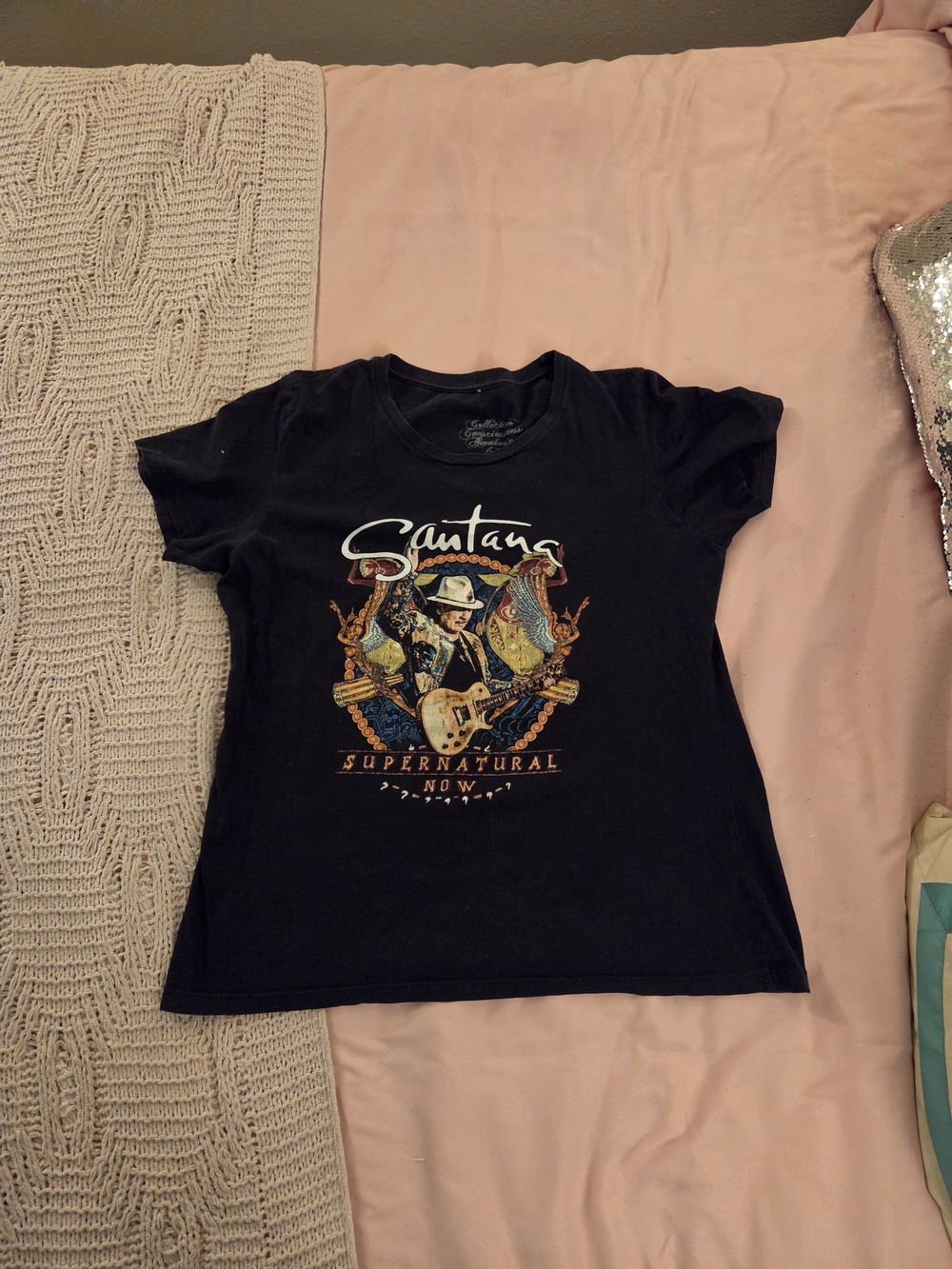 Carlos Santana Black Graphic Band  Tee with Multicolor Guitar Artwork
